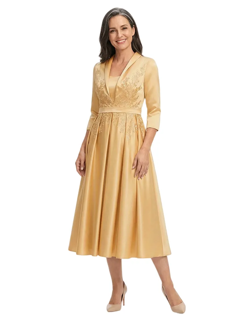 ChicSew Elegant V-Neck Silky Satin A-Line Midi Mother Of The Bride Dresses With Long Sleeves sold by ChicSew
