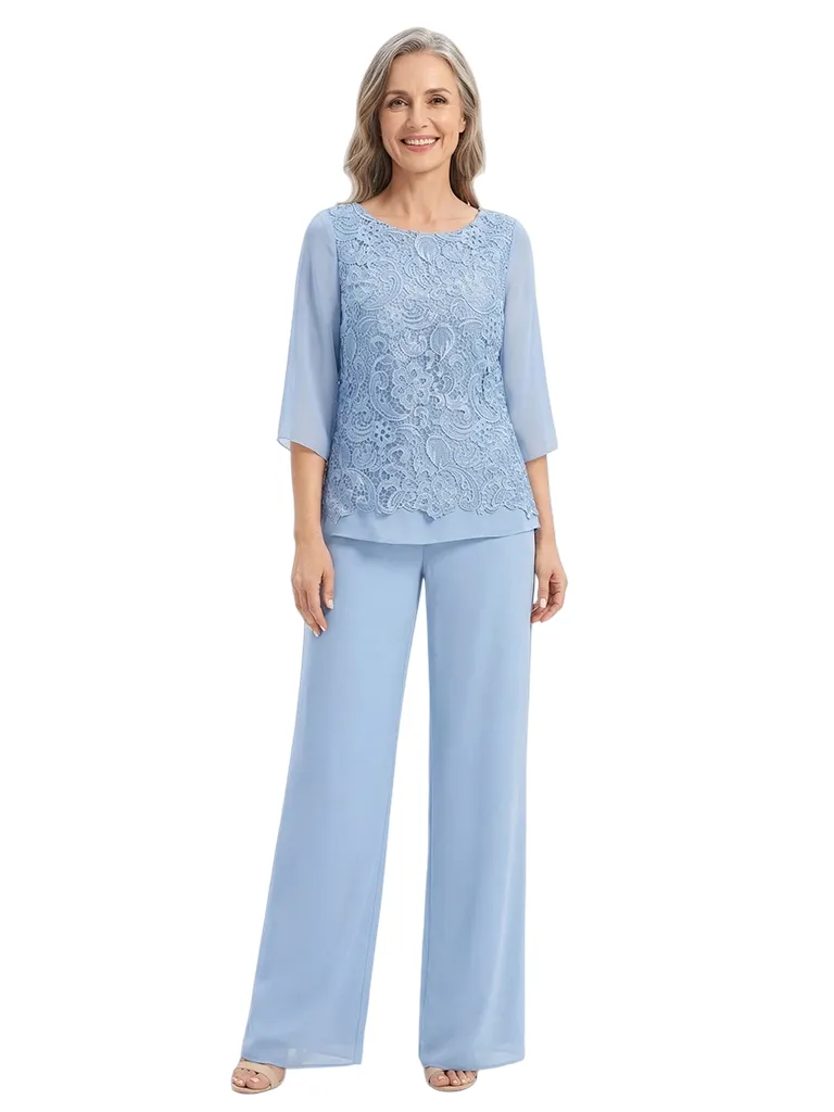 ChicSew Scoop Lace & Chiffon Long Sleeves Two Piece Pant Suit For Mother of The Bride sold by ChicSew