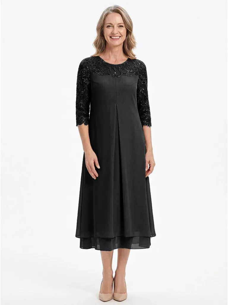 ChicSew Jewel Long Sleeve Beaded Lace Applique Tea Length Chiffon Casual Mother Of The Bride And Groom Dresses sold by ChicSew product image thumbnail 4