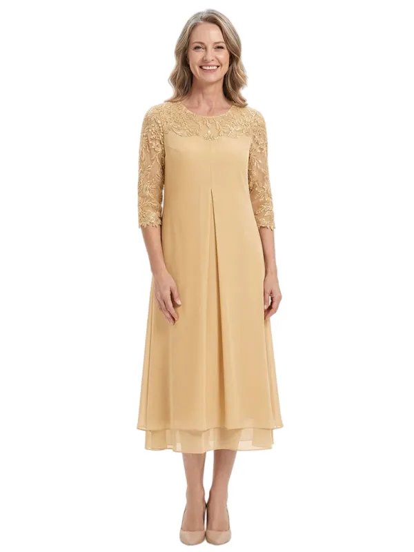 ChicSew Jewel Long Sleeve Beaded Lace Applique Tea Length Chiffon Casual Mother Of The Bride And Groom Dresses made by ChicSew