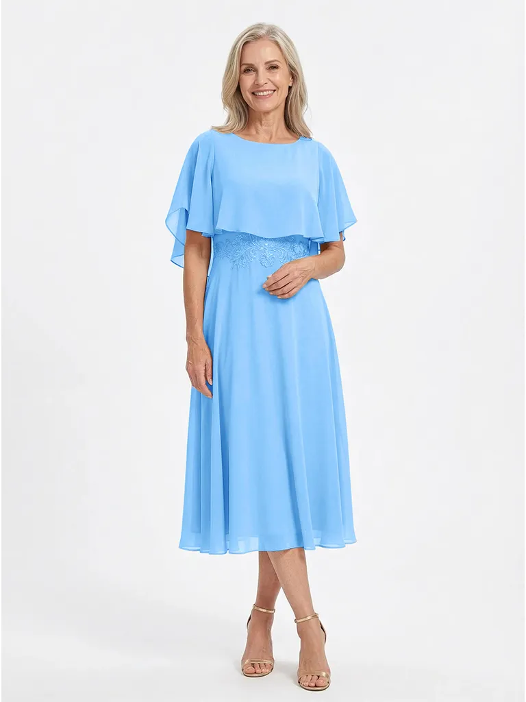 ChicSew Scoop Short Flutter Sleeve Lace Applique Waist Knee Length Chiffon Romantic Mom Of The Groom Dresses sold by ChicSew product image thumbnail 5