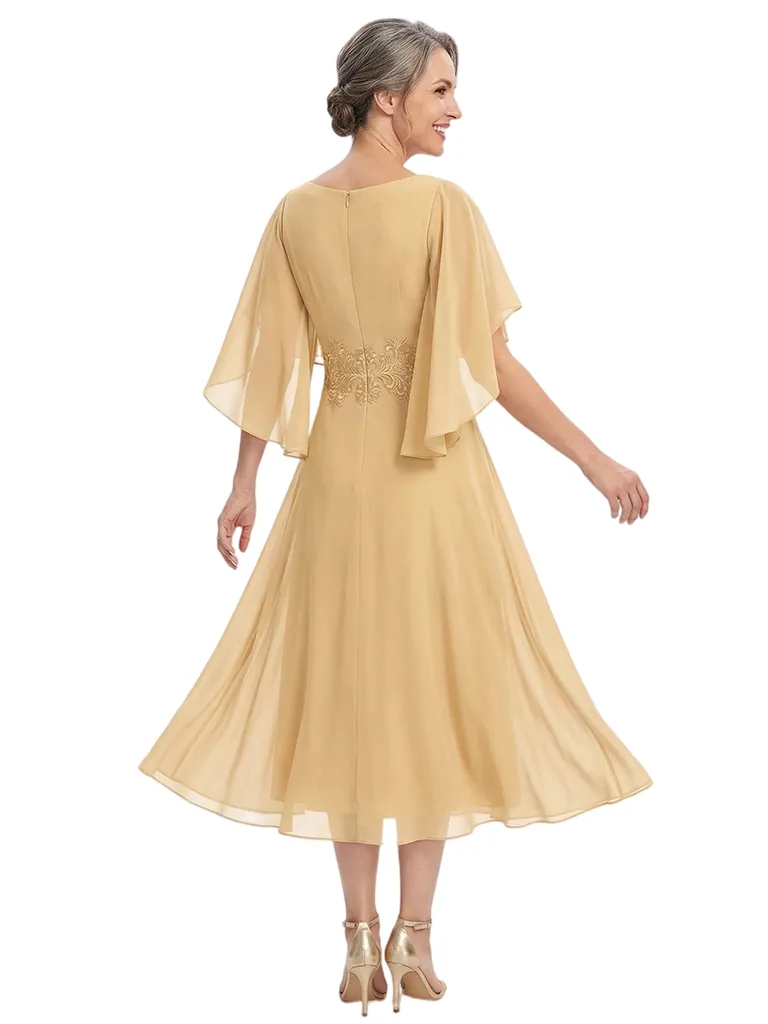 ChicSew Scoop Short Flutter Sleeve Lace Applique Waist Knee Length Chiffon Romantic Mom Of The Groom Dresses sold by ChicSew product image thumbnail 3