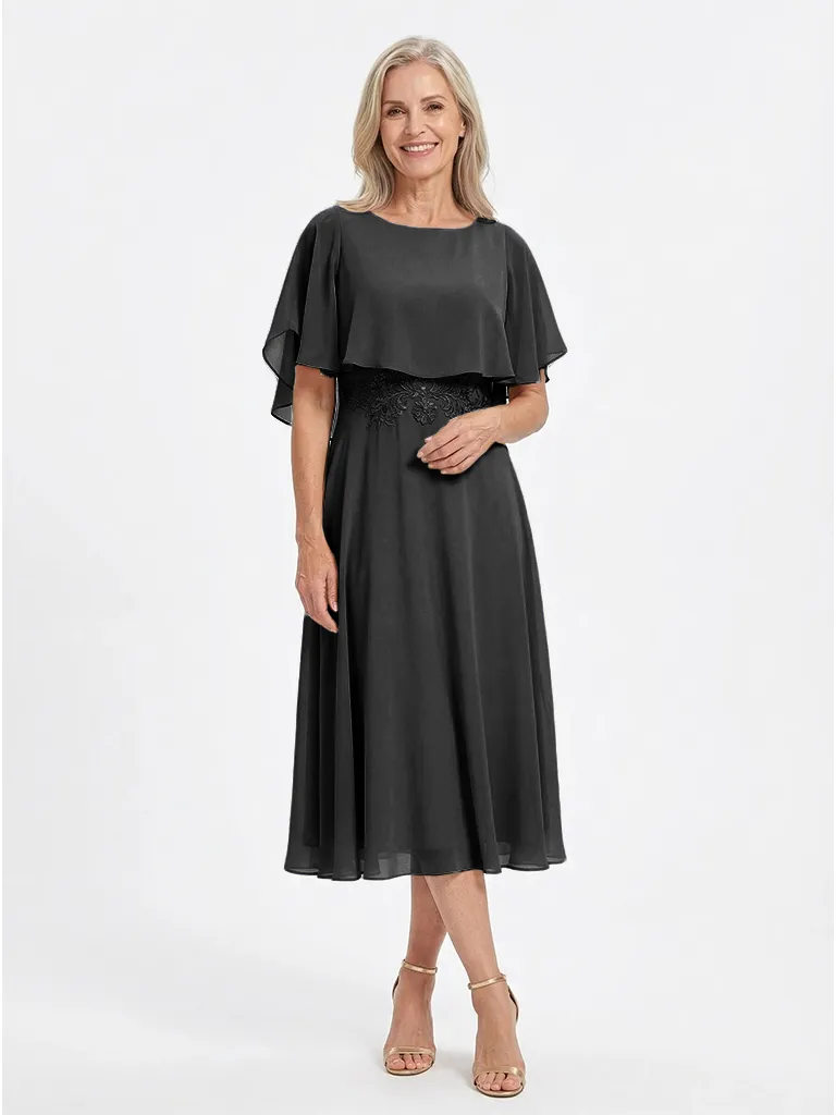 ChicSew Scoop Short Flutter Sleeve Lace Applique Waist Knee Length Chiffon Romantic Mom Of The Groom Dresses sold by ChicSew product image thumbnail 4