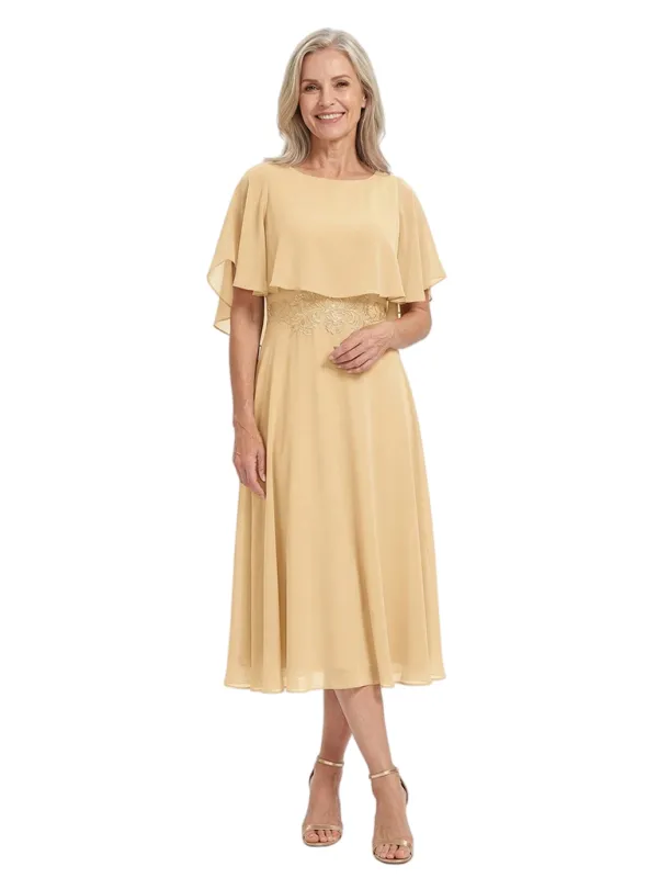 ChicSew Scoop Short Flutter Sleeve Lace Applique Waist Knee Length Chiffon Romantic Mom Of The Groom Dresses made by ChicSew