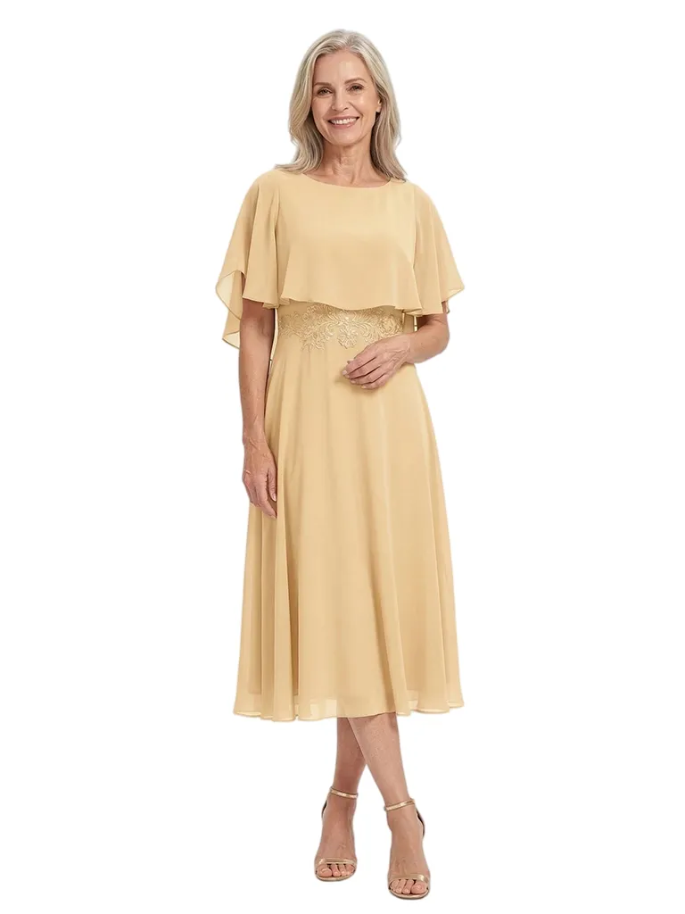 ChicSew Scoop Short Flutter Sleeve Lace Applique Waist Knee Length Chiffon Romantic Mom Of The Groom Dresses sold by ChicSew