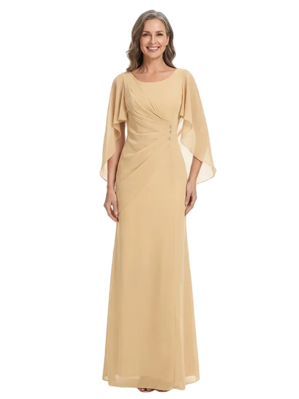 ChicSew Scoop Cape Sleeve Ruched Bodice Rhinestone Detail Floor Length Chiffon Fancy Mother of the Bride Dresses made by ChicSew