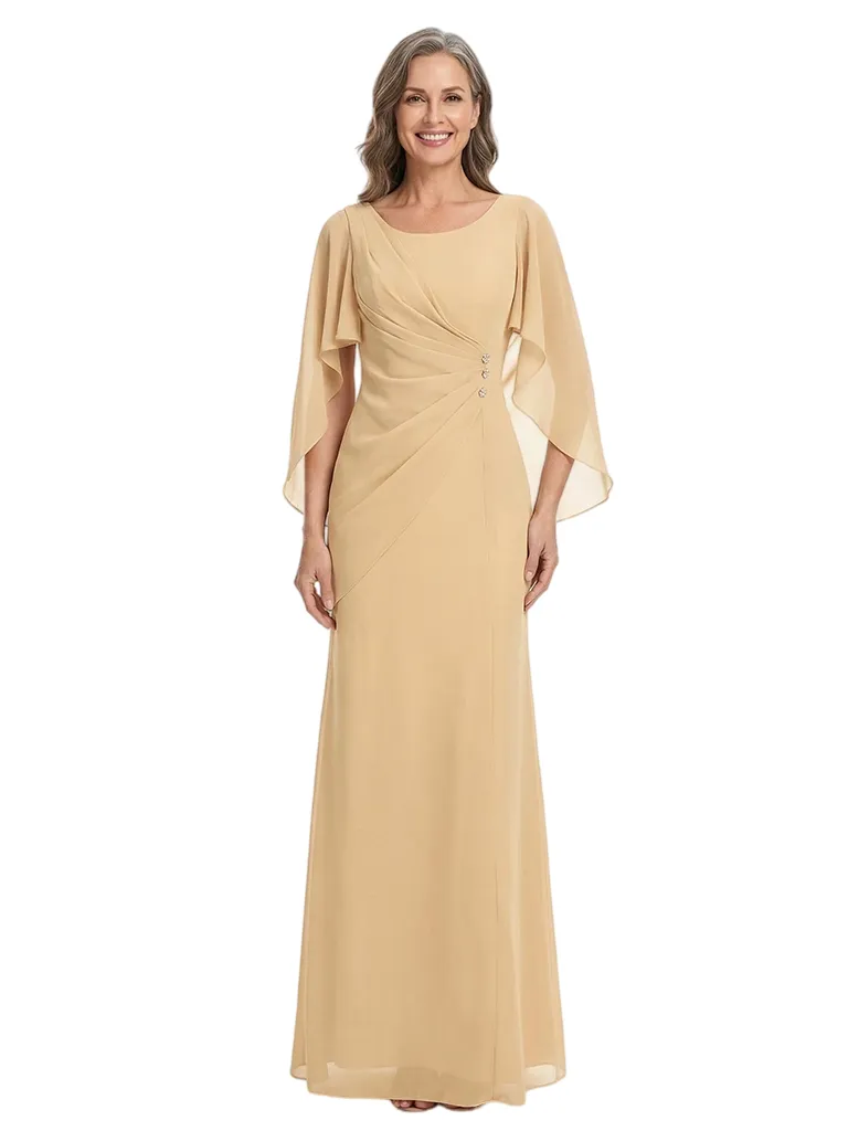 ChicSew Scoop Cape Sleeve Ruched Bodice Rhinestone Detail Floor Length Chiffon Fancy Mother of the Bride Dresses sold by ChicSew