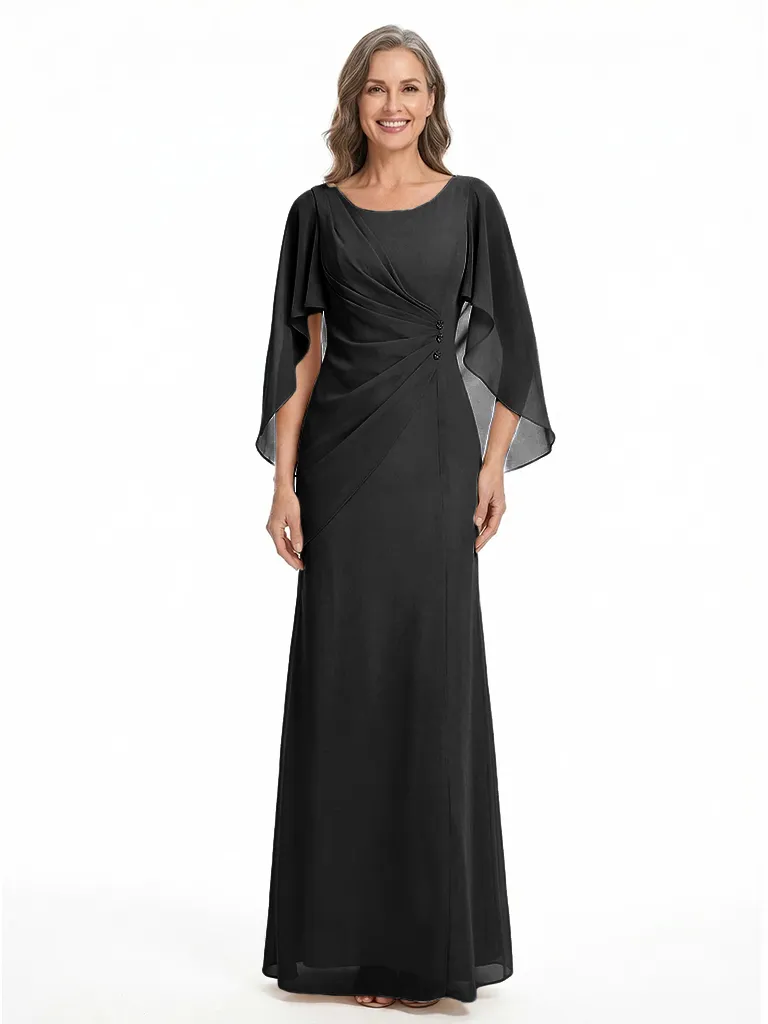 ChicSew Scoop Cape Sleeve Ruched Bodice Rhinestone Detail Floor Length Chiffon Fancy Mother of the Bride Dresses sold by ChicSew product image thumbnail 4