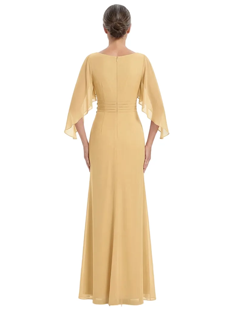 ChicSew Scoop Cape Sleeve Ruched Bodice Rhinestone Detail Floor Length Chiffon Fancy Mother of the Bride Dresses sold by ChicSew product image thumbnail 3