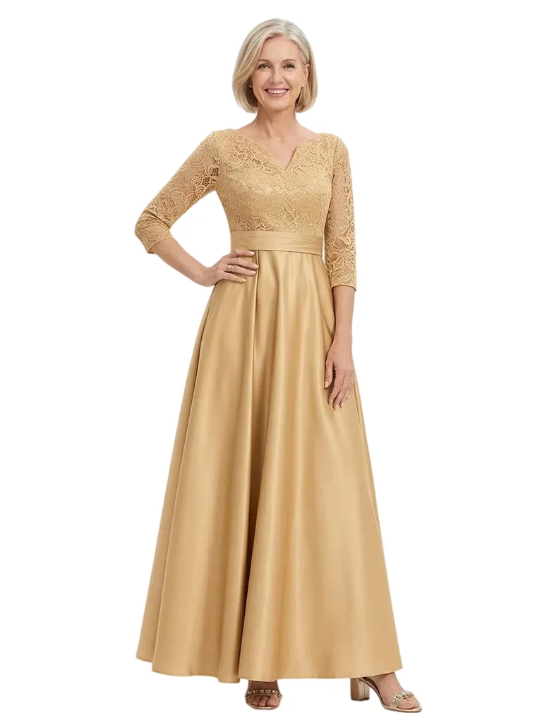 ChicSew V-Neck Long Sleeve Lace Long Satin Trendy Mother Of The Bride And Groom Dresses sold by ChicSew