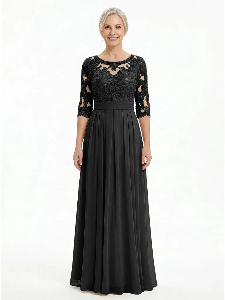 ChicSew Scoop Long Sleeve Beaded Lace Ruched Waist Floor Length Chiffon Elegant Mother of the Bride Dresses sold by ChicSew product image thumbnail 4