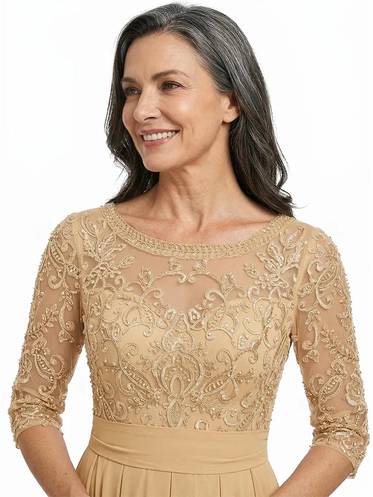 ChicSew Scoop Long Sleeve Beaded Lace Ruched Waist Floor Length Chiffon Elegant Mother of the Bride Dresses sold by ChicSew product image thumbnail 2