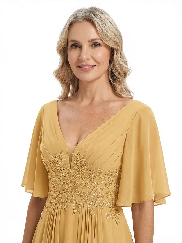 ChicSew Flowy Flutter Sleeves V-Neck Chiffon Floor-Length Mother Of The Groom Dresses With Pleats sold by ChicSew product image thumbnail 2