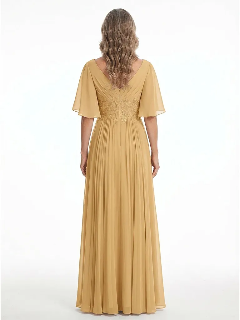 ChicSew Flowy Flutter Sleeves V-Neck Chiffon Floor-Length Mother Of The Groom Dresses With Pleats sold by ChicSew product image thumbnail 3