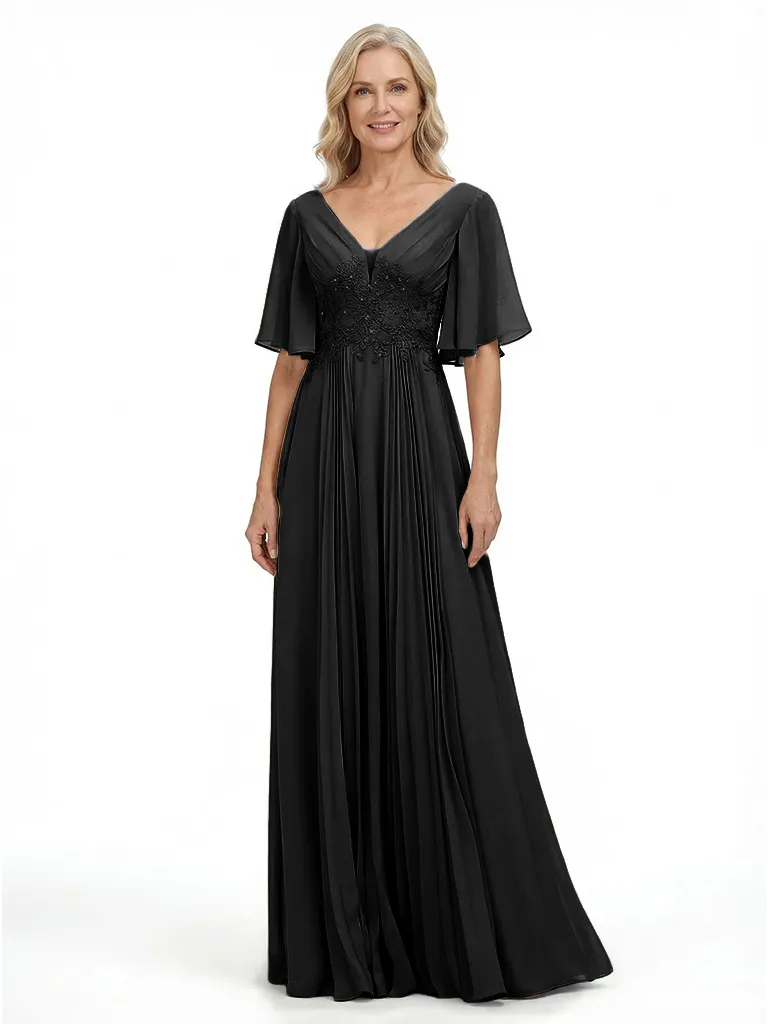 ChicSew Flowy Flutter Sleeves V-Neck Chiffon Floor-Length Mother Of The Groom Dresses With Pleats sold by ChicSew product image thumbnail 4
