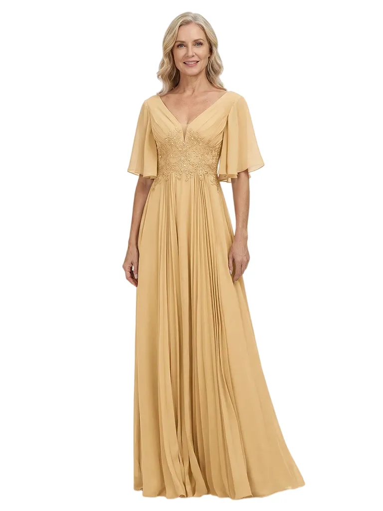 ChicSew Flowy Flutter Sleeves V-Neck Chiffon Floor-Length Mother Of The Groom Dresses With Pleats sold by ChicSew