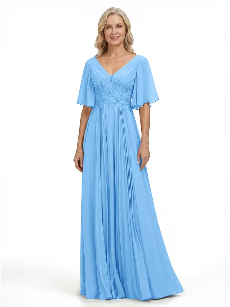 ChicSew Flowy Flutter Sleeves V-Neck Chiffon Floor-Length Mother Of The Groom Dresses With Pleats sold by ChicSew product image thumbnail 5