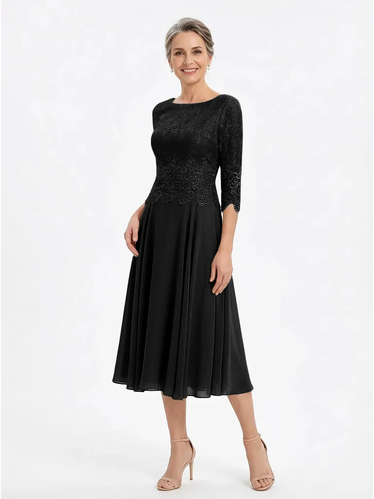 ChicSew Stunning Lace Top Chiffon A-Line Mother Of The Bride Dresses Tea-Length With Half Sleeves sold by ChicSew product image thumbnail 4