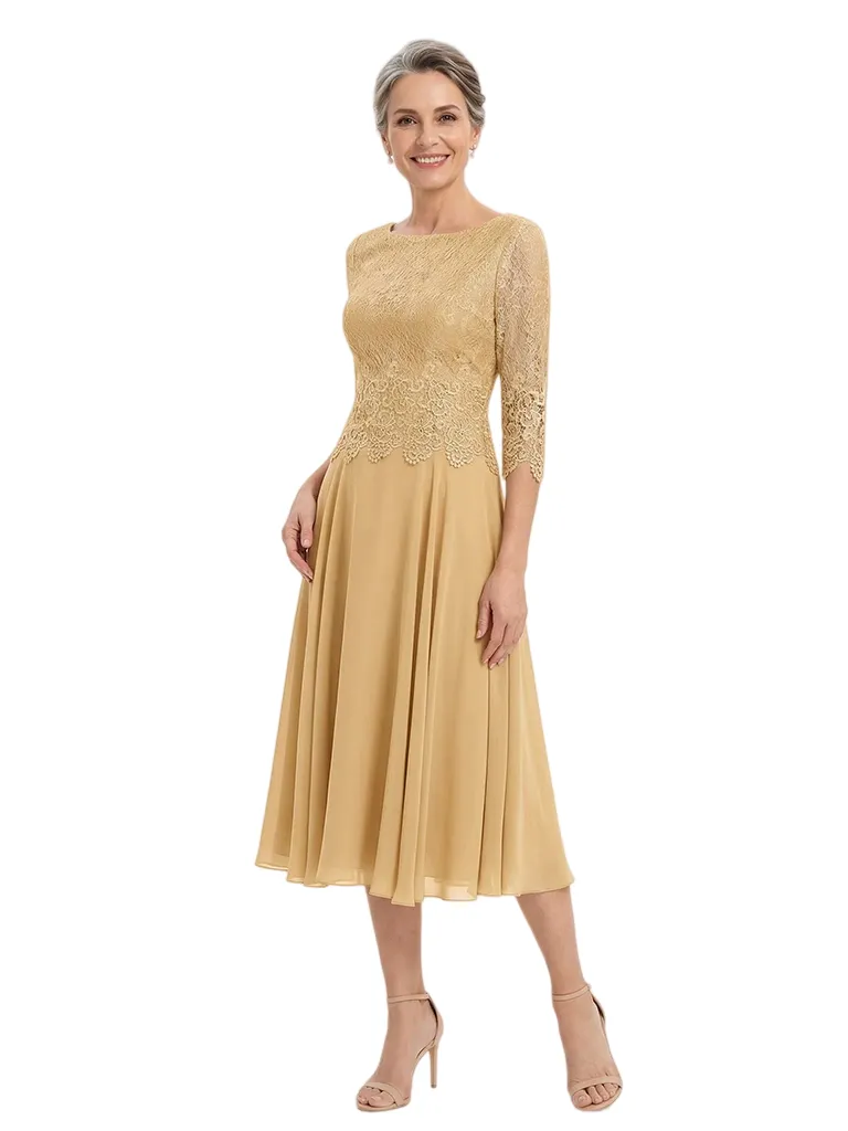 ChicSew Stunning Lace Top Chiffon A-Line Mother Of The Bride Dresses Tea-Length With Half Sleeves sold by ChicSew