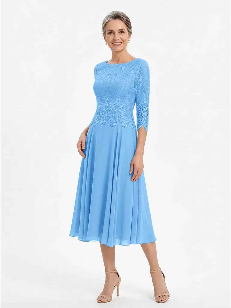 ChicSew Stunning Lace Top Chiffon A-Line Mother Of The Bride Dresses Tea-Length With Half Sleeves sold by ChicSew product image thumbnail 5