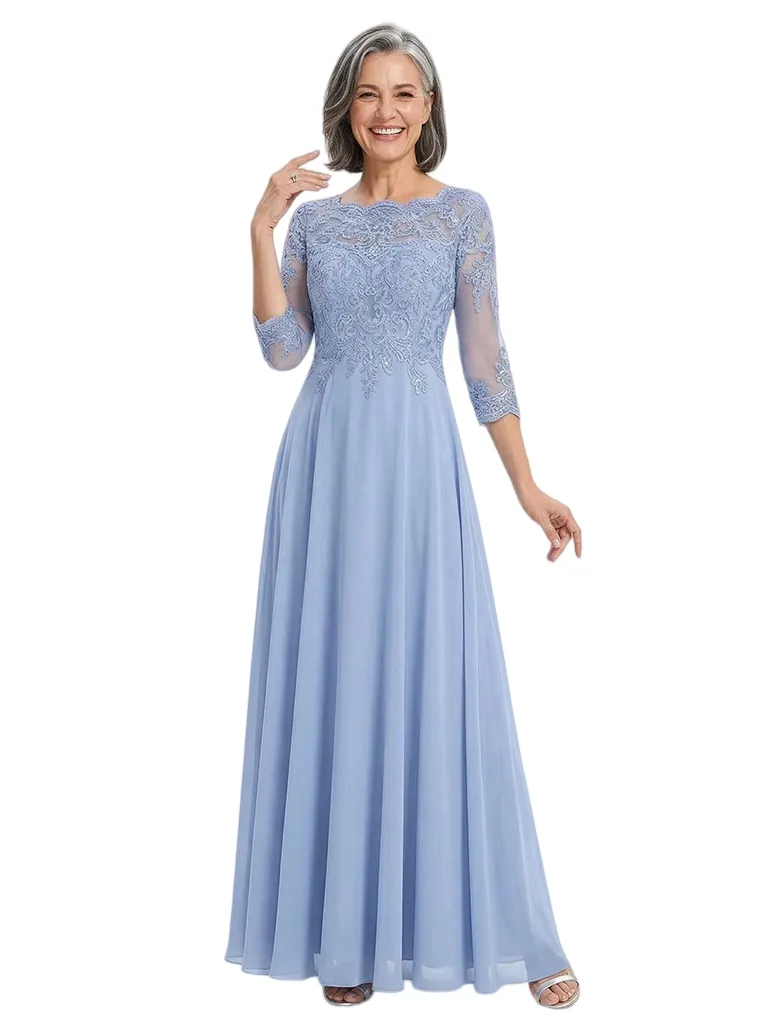 ChicSew Elegant Jewel Long Sleeves A-Line Chiffon Floor-Length Lace Mother Of The Bride Dress sold by ChicSew