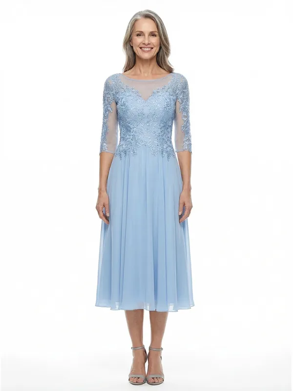 ChicSew Jewel 3/4 Sleeves A-Line Chiffon Tea-Length Lace Mother Of The Bride Dress made by ChicSew