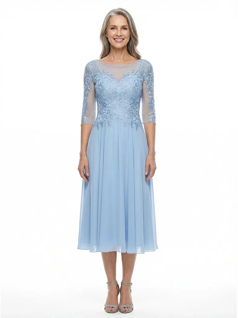 ChicSew Jewel 3/4 Sleeves A-Line Chiffon Tea-Length Lace Mother Of The Bride Dress sold by ChicSew