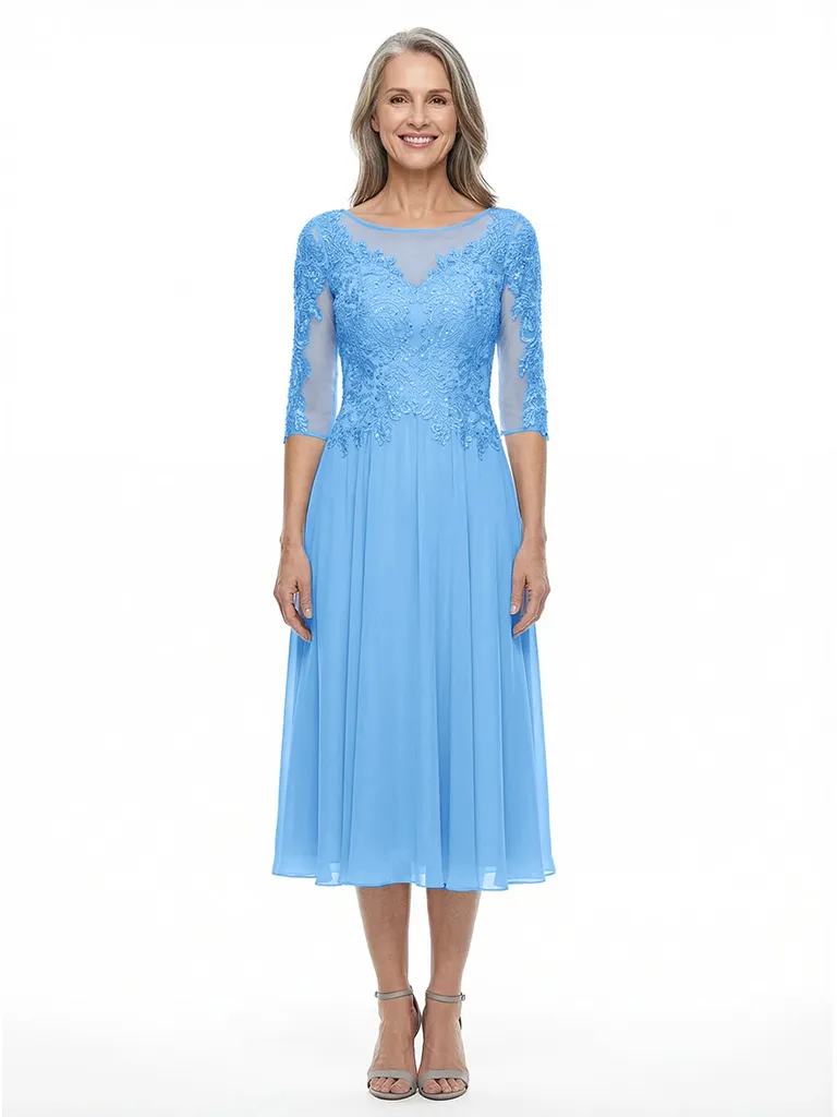 ChicSew Jewel 3/4 Sleeves A-Line Chiffon Tea-Length Lace Mother Of The Bride Dress sold by ChicSew product image thumbnail 5