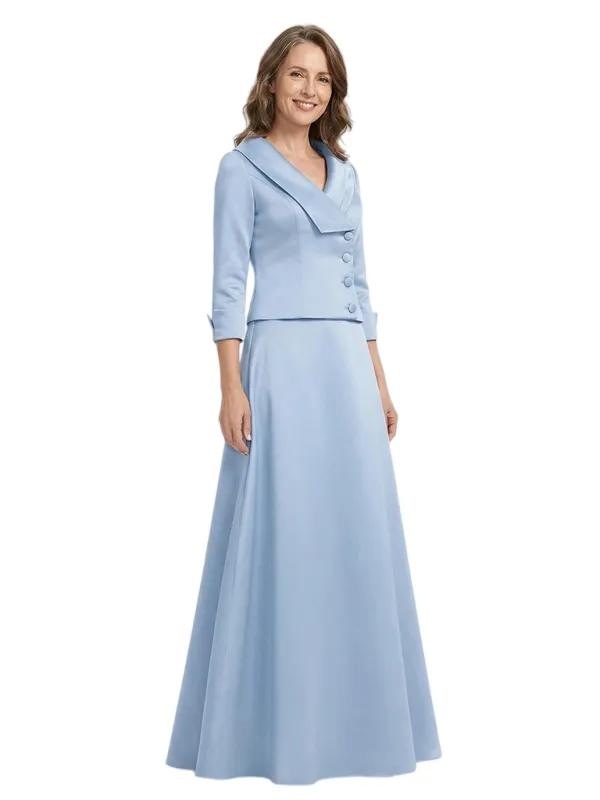 ChicSew V-Neck 3/4 Sleeve Satin A-Line Floor-Length Elegant Mother of the Bride Dresses made by ChicSew