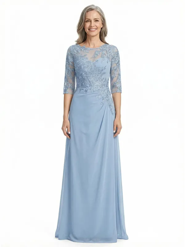 ChicSew Jewel 3/4 Sleeves A-Line Chiffon Floor-Length Lace Appliques Mother Of The Bride Dress made by ChicSew