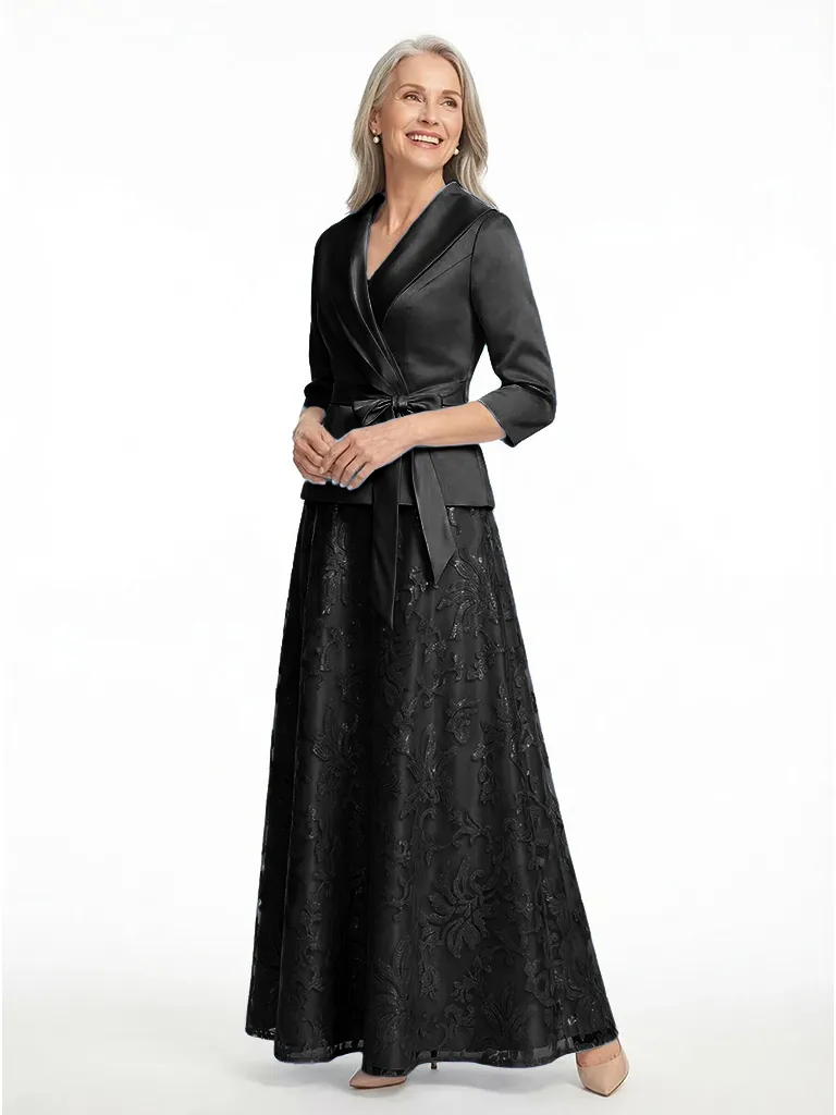 ChicSew V-Neck Long Sleeve Lace Satin A-Line Floor-Length Elegant Mother of the Bride Dresses sold by ChicSew product image thumbnail 4