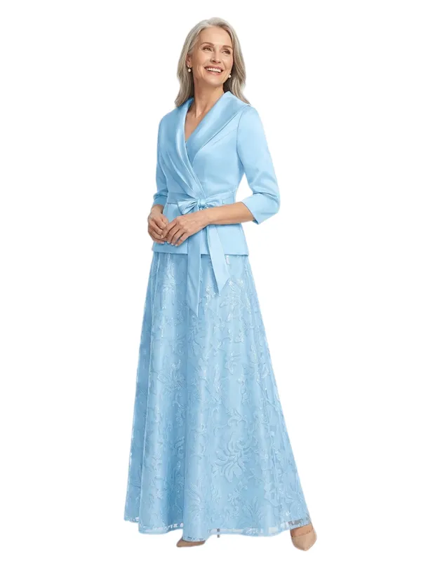 ChicSew V-Neck Long Sleeve Lace Satin A-Line Floor-Length Elegant Mother of the Bride Dresses made by ChicSew