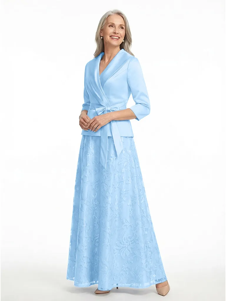 ChicSew V-Neck Long Sleeve Lace Satin A-Line Floor-Length Elegant Mother of the Bride Dresses sold by ChicSew product image thumbnail 5