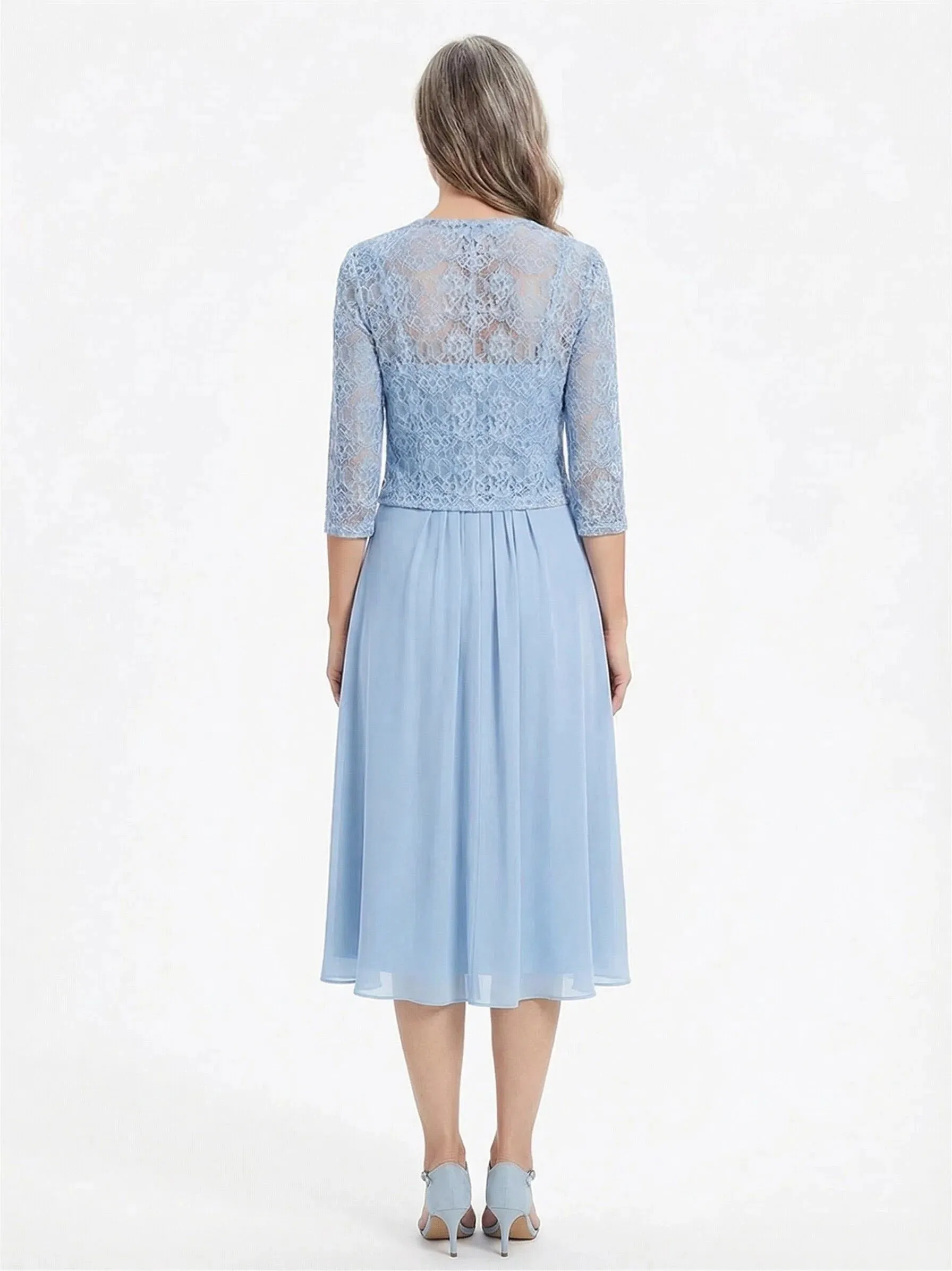 ChicSew Jewel Lace Chiffon Mother of The Bride Two Piece Tea-Length Dress with 3/4 Sleeves Jacket sold by ChicSew product image thumbnail 3