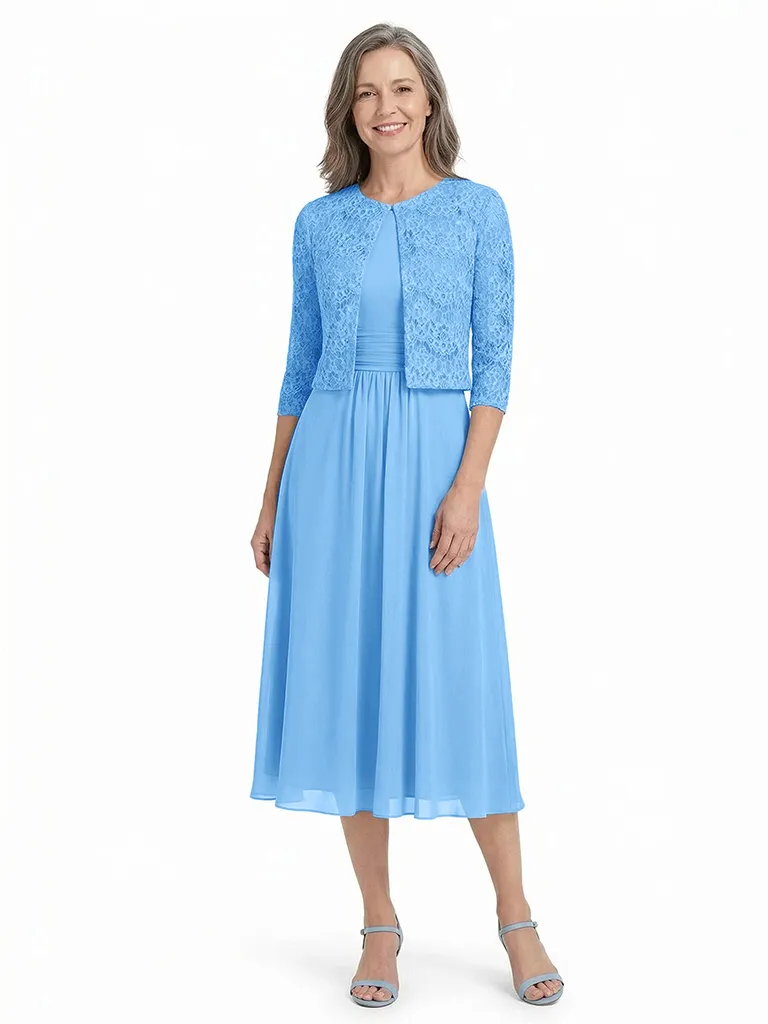 ChicSew Jewel Lace Chiffon Mother of The Bride Two Piece Tea-Length Dress with 3/4 Sleeves Jacket sold by ChicSew product image thumbnail 5