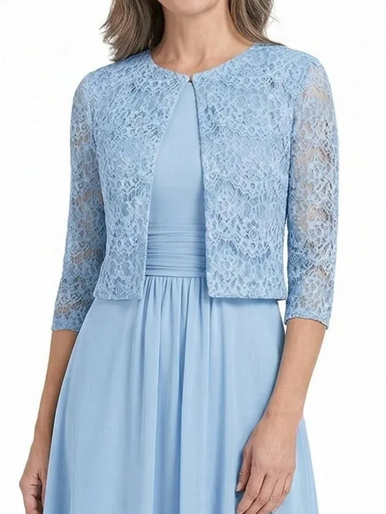 ChicSew Jewel Lace Chiffon Mother of The Bride Two Piece Tea-Length Dress with 3/4 Sleeves Jacket sold by ChicSew product image thumbnail 2