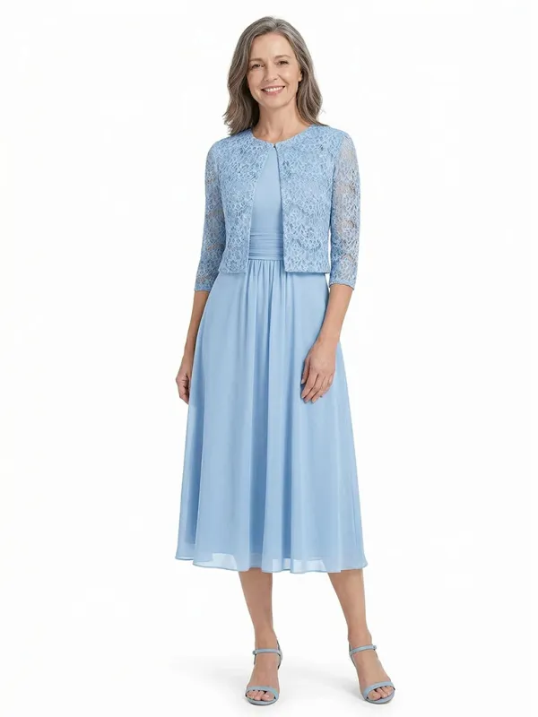ChicSew Jewel Lace Chiffon Mother of The Bride Two Piece Tea-Length Dress with 3/4 Sleeves Jacket made by ChicSew