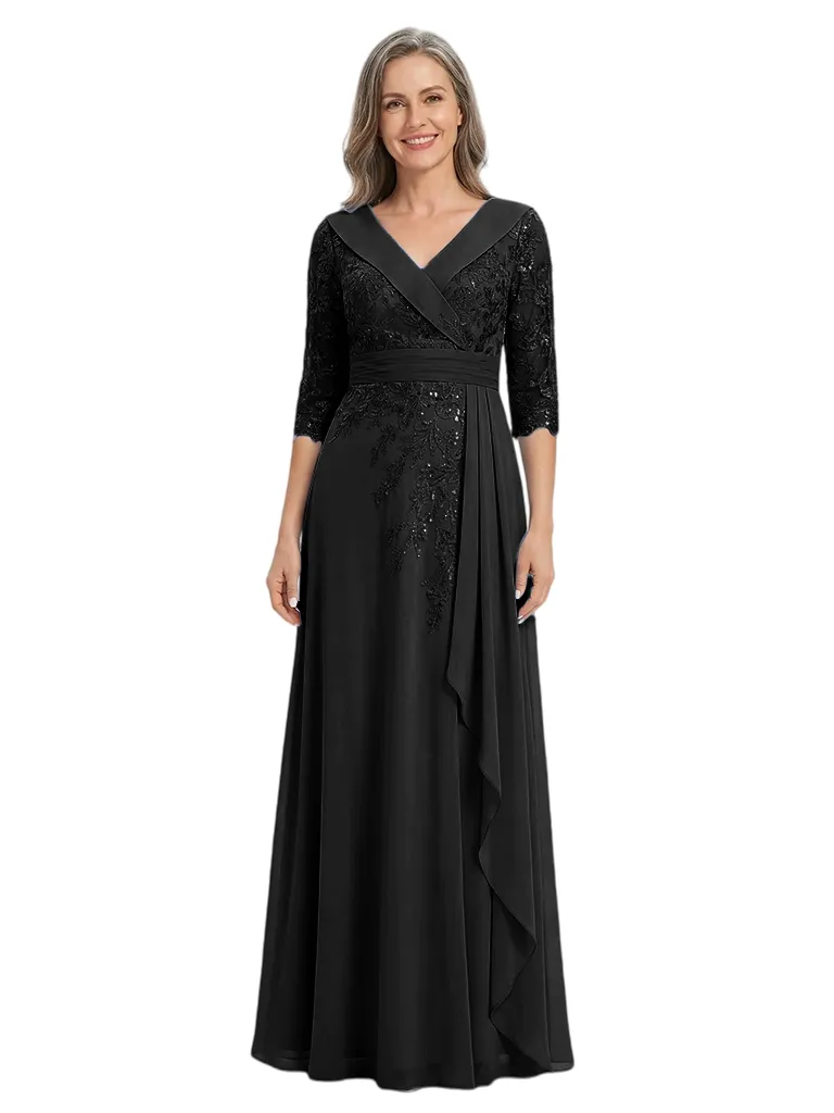 ChicSew V-Neck 3/4 Sleeve Lace Side Ruffle Floor Length Chiffon Mom Of The Groom Dresses sold by ChicSew product image thumbnail 4