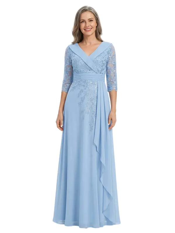 ChicSew V-Neck 3/4 Sleeve Lace Side Ruffle Floor Length Chiffon Mom Of The Groom Dresses made by ChicSew