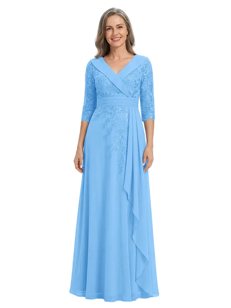 ChicSew V-Neck 3/4 Sleeve Lace Side Ruffle Floor Length Chiffon Mom Of The Groom Dresses sold by ChicSew product image thumbnail 5