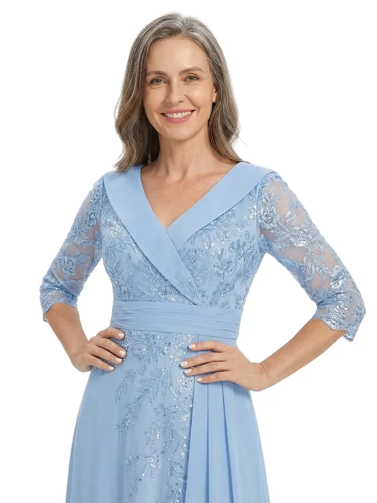 ChicSew V-Neck 3/4 Sleeve Lace Side Ruffle Floor Length Chiffon Mom Of The Groom Dresses sold by ChicSew product image thumbnail 2