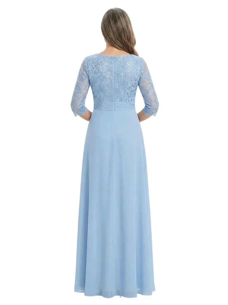 ChicSew V-Neck 3/4 Sleeve Lace Side Ruffle Floor Length Chiffon Mom Of The Groom Dresses sold by ChicSew product image thumbnail 3