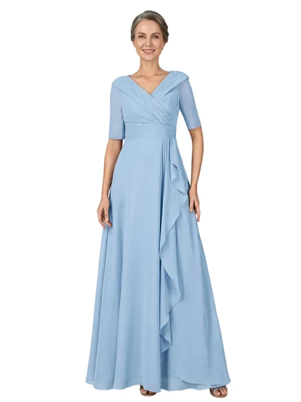 ChicSew V-Neck Half Sleeve Pleated Bodice Ruffle Side Detail Floor Length Chiffon Mother of the Bride Dresses made by ChicSew