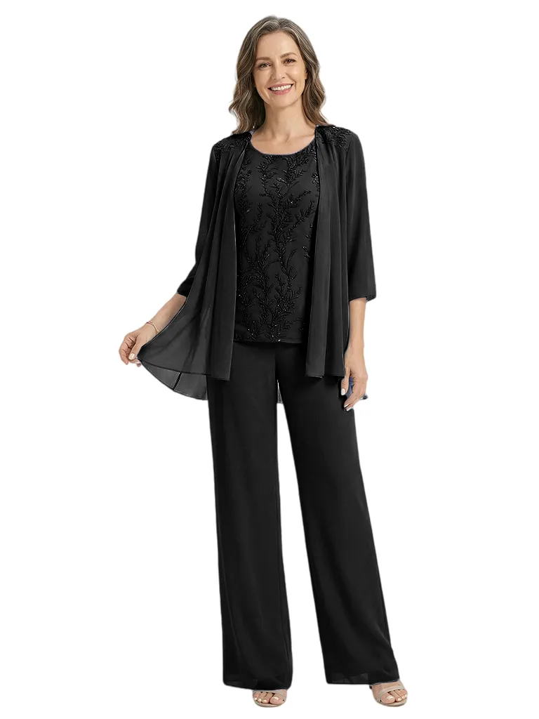 ChicSew Scoop Long Sleeve Chiffon Jacket Lace Beaded Pant Suit Formal Mom Of The Groom Outfits sold by ChicSew product image thumbnail 4