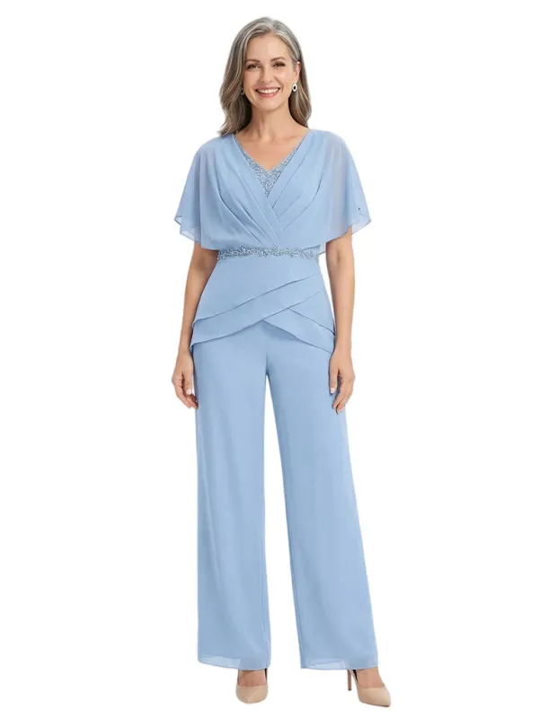 ChicSew V-Neck Flutter Sleeves Beaded Jumpsuit For Mother Of The Bride Chiffon Pant Suit made by ChicSew