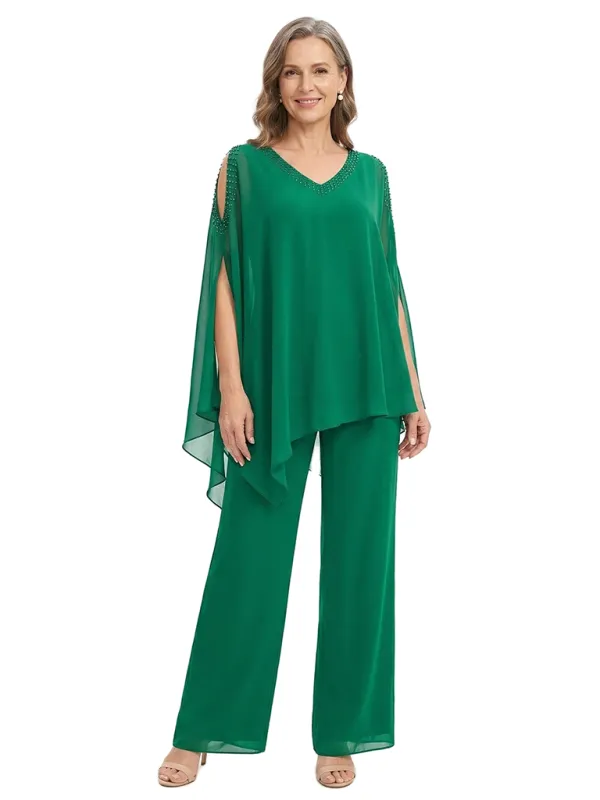 ChicSew Unique Beaded V-Neck Mother Of The Bride Pant Suits With Chiffon Cape Sleeves Set made by ChicSew