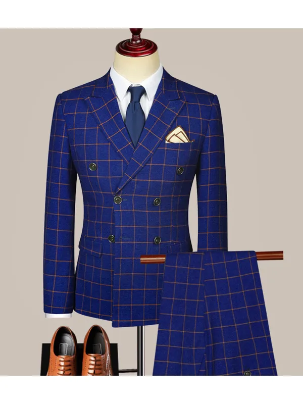 Dark Blue Men's Casual 3 Piece Suit Plaid Notch Lapel Flat Tuxedos Set CN518 made by ChicSew