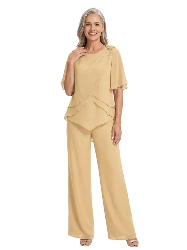 ChicSew Scoop Flutter Sleeves Jumpsuit For Mother Of The Bride Chiffon Mother Of The Bride Pantsuits made by ChicSew