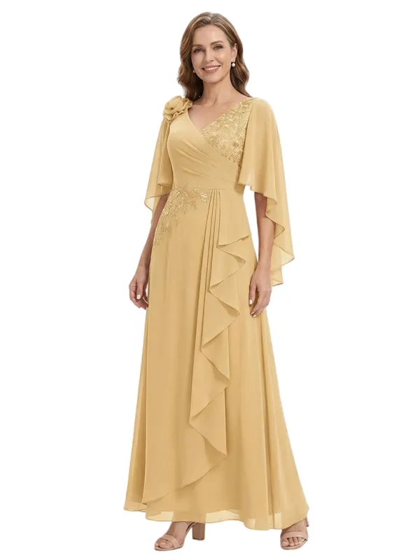 ChicSew V-Neck Flutter Sleeve Lace Side Ruffle Long Chiffon Mother Of The Bride And Groom Dresses made by ChicSew