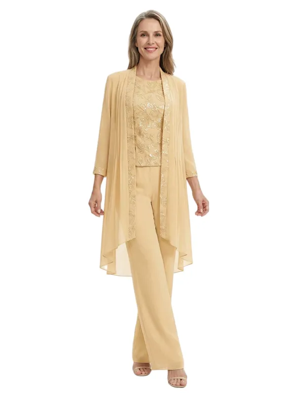 ChicSew Jewel Long Sleeve Chiffon Jacket Lace Bodice Pantsuits For Mother Of The Bride made by ChicSew